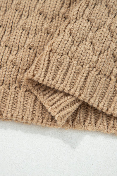 Women's Pale Khaki Textured Puff Sleeve Crew Neck Sweater
