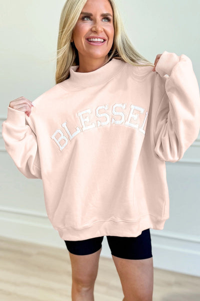Women's Pale Pink 'Blessed' Mock Neck Sweatshirt