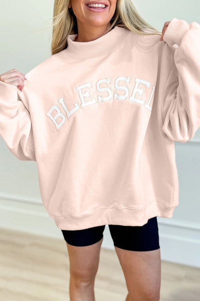 Women's Pale Pink 'Blessed' Mock Neck Sweatshirt