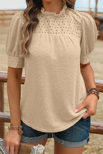 Women's Parchment Eyelet Knit Blouse with Ruffled Neck