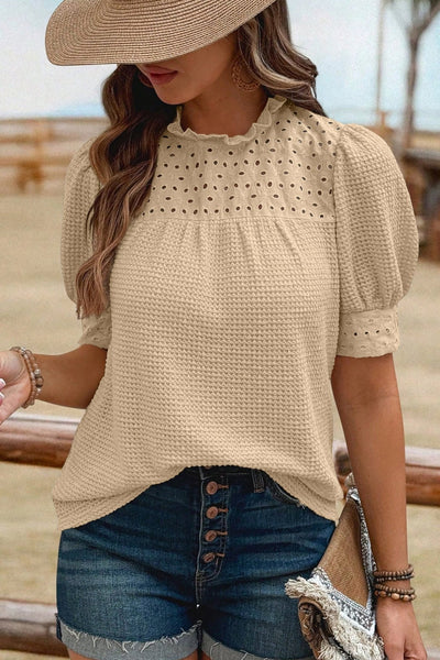 Women's Parchment Eyelet Knit Blouse with Ruffled Neck