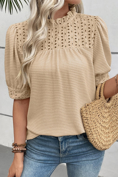Women's Parchment Eyelet Knit Blouse with Ruffled Neck