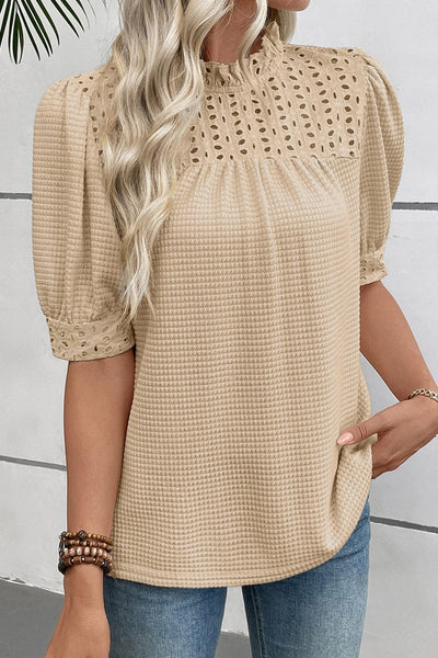 Women's Parchment Eyelet Knit Blouse with Ruffled Neck