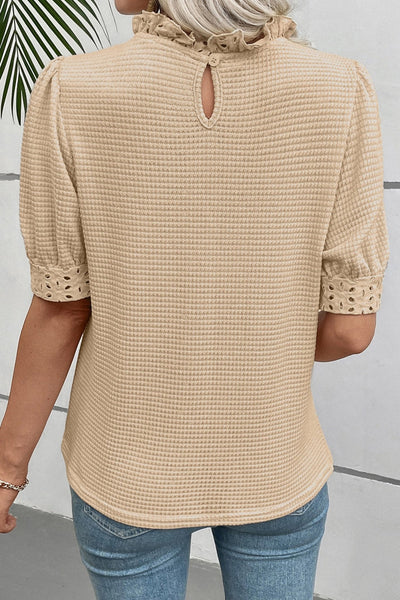 Women's Parchment Eyelet Knit Blouse with Ruffled Neck