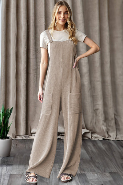 Women's Parchment Ribbed Knit Wide Leg Overalls with Pockets