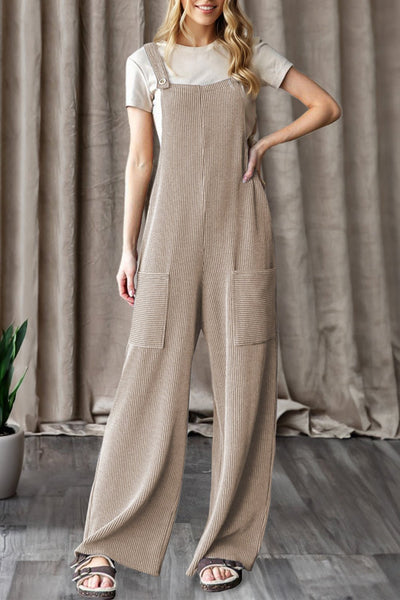 Women's Parchment Ribbed Knit Wide Leg Overalls with Pockets