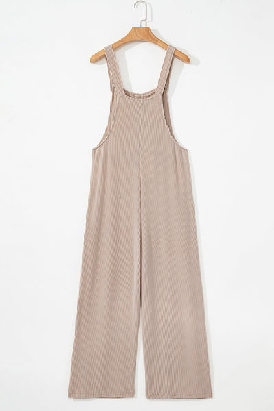 Women's Parchment Ribbed Knit Wide Leg Overalls with Pockets