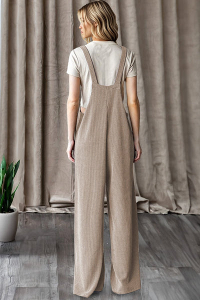 Women's Parchment Ribbed Knit Wide Leg Overalls with Pockets