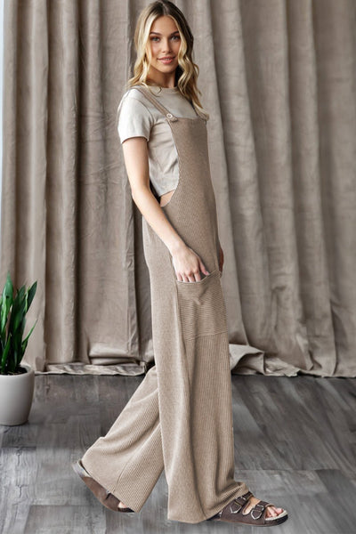 Women's Parchment Ribbed Knit Wide Leg Overalls with Pockets