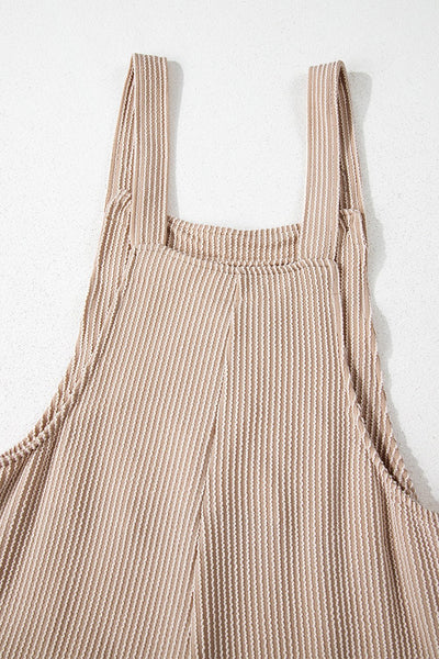 Women's Parchment Ribbed Knit Wide Leg Overalls with Pockets