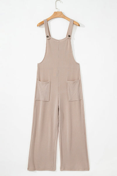 Women's Parchment Ribbed Knit Wide Leg Overalls with Pockets