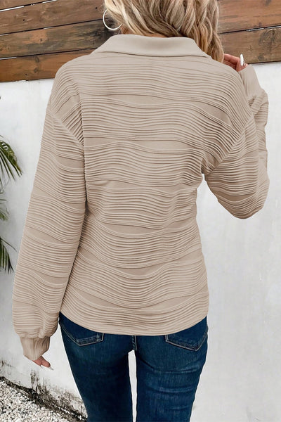 Women's Parchment Textured Zip V-Neck Pullover Sweatshirt