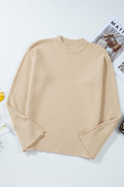 Women's Parchment Waffle Knit Sweater with Split Cuffs and Drop Shoulders with practical styling and dependable silhouette control.