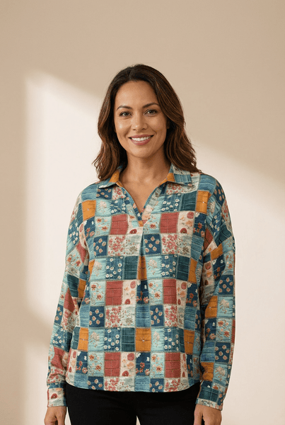 Women's Patchwork Floral Print Long Sleeve V-Neck Blouse