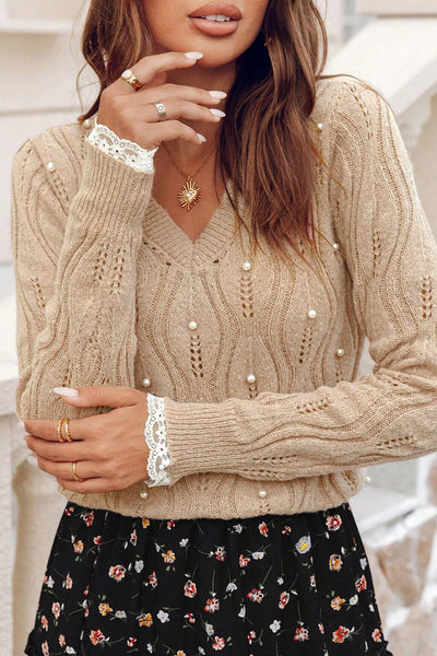 Women's Pearl-Embellished Pointelle Knit V-Neck Sweater