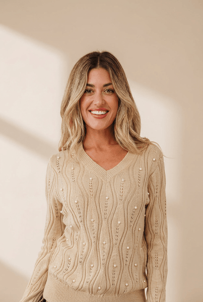 Women's Pearl-Embellished Pointelle Knit V-Neck Sweater