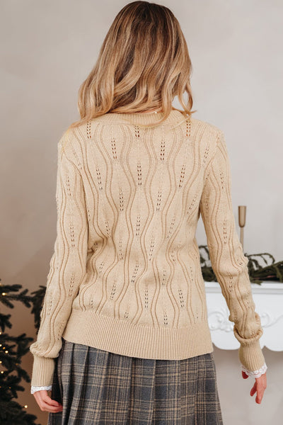 Women's Pearl-Embellished Pointelle Knit V-Neck Sweater