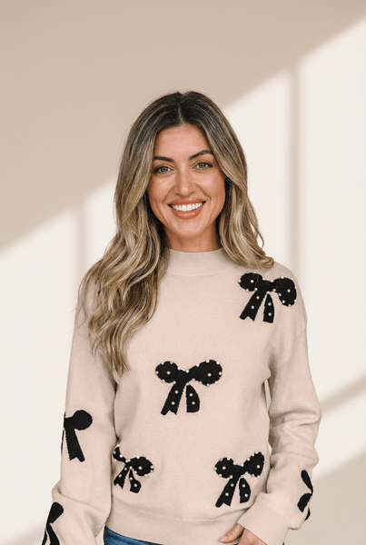 Women's Pearl-Studded Bow Intarsia Knit Sweater in Champagne