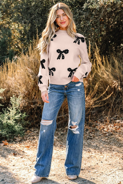 Women's Pearl-Studded Bow Intarsia Knit Sweater in Champagne