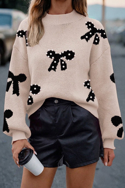 Women's Pearl-Studded Bow Intarsia Knit Sweater in Champagne