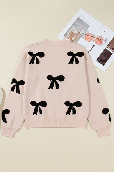 Women's Pearl-Studded Bow Intarsia Knit Sweater in Champagne