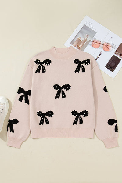 Women's Pearl-Studded Bow Intarsia Knit Sweater in Champagne