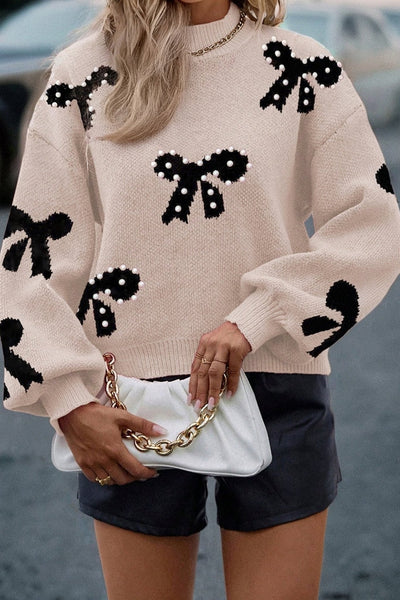 Women's Pearl-Studded Bow Intarsia Knit Sweater in Champagne