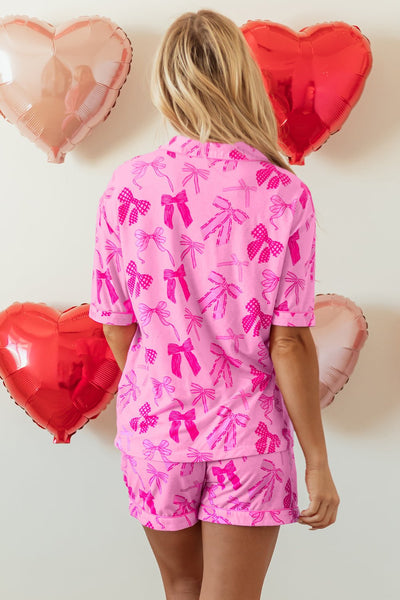 Women's Pink Bow Print Pajama Set with Half-Sleeve Top and Shorts