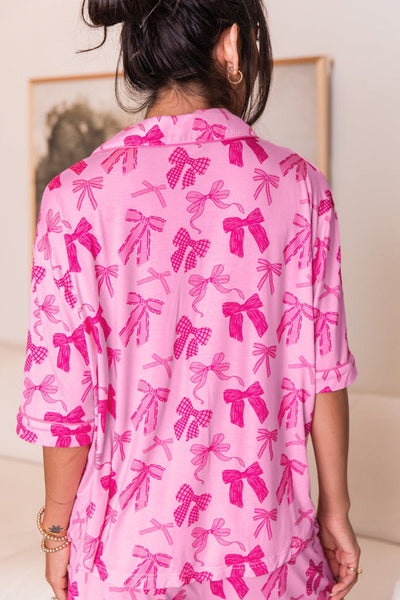 Women's Pink Bow Print Pajama Set with Half-Sleeve Top and Shorts