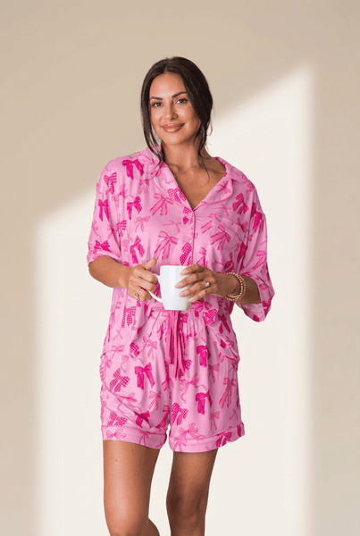 Women's Pink Bow Print Pajama Set with Half-Sleeve Top and Shorts
