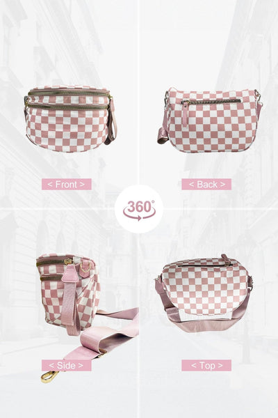 Women's Pink Checkered Waterproof Nylon Crossbody Sling Bag