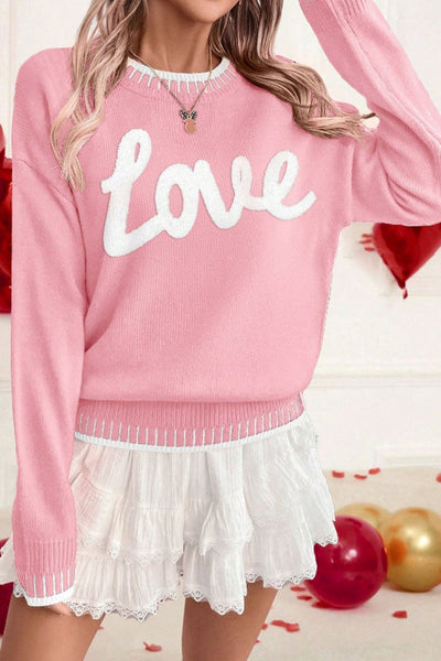 Women's Pink Chenille 'Love' Script Sweater with Contrast Trim