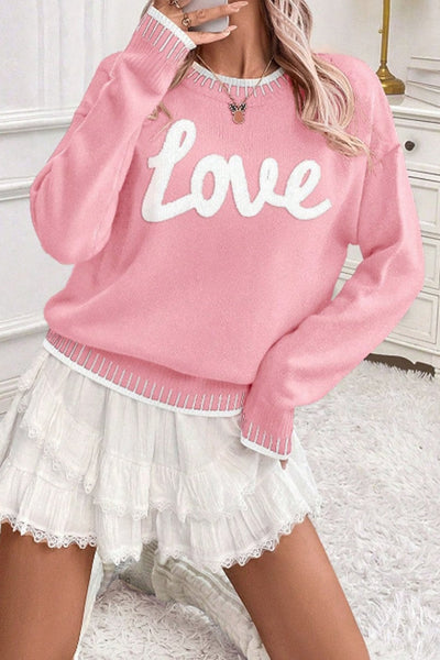 Women's Pink Chenille 'Love' Script Sweater with Contrast Trim