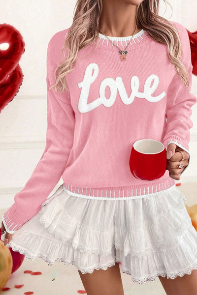 Women's Pink Chenille 'Love' Script Sweater with Contrast Trim