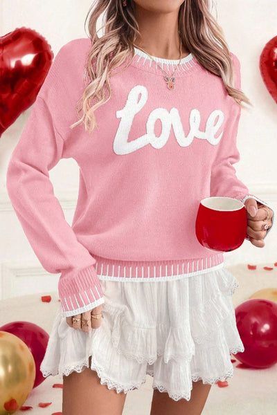 Women's Pink Chenille 'Love' Script Sweater with Contrast Trim