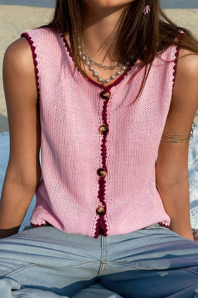 Women's Pink Contrast Scallop Trim Button-Up Knit Vest