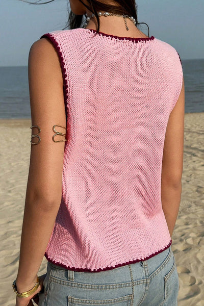 Women's Pink Contrast Scallop Trim Button-Up Knit Vest