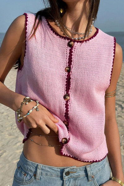 Women's Pink Contrast Scallop Trim Button-Up Knit Vest