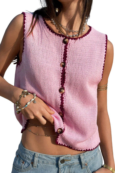 Women's Pink Contrast Scallop Trim Button-Up Knit Vest