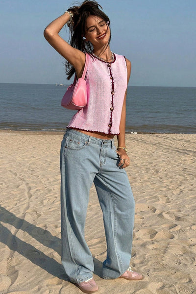 Women's Pink Contrast Scallop Trim Button-Up Knit Vest