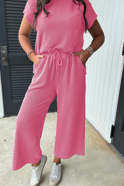 Women's Pink Corded Knit Short Sleeve Top and Wide Leg Pant Set with practical styling and dependable silhouette control.