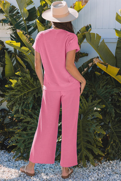 Women's Pink Corded Knit Short Sleeve Top and Wide Leg Pant Set with practical styling and dependable silhouette control.