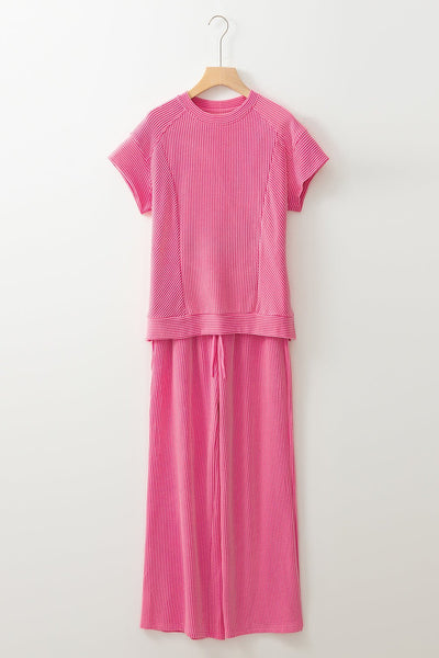 Women's Pink Corded Knit Short Sleeve Top and Wide Leg Pant Set with practical styling and dependable silhouette control.