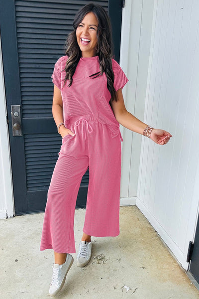 Women's Pink Corded Knit Short Sleeve Top and Wide Leg Pant Set with practical styling and dependable silhouette control.