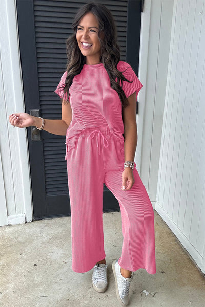 Women's Pink Corded Knit Short Sleeve Top and Wide Leg Pant Set with practical styling and dependable silhouette control.