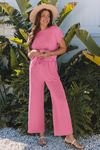 Women's Pink Corded Knit Short Sleeve Top and Wide Leg Pant Set with practical styling and dependable silhouette control.