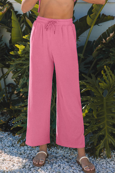 Women's Pink Corded Knit Short Sleeve Top and Wide Leg Pant Set with practical styling and dependable silhouette control.