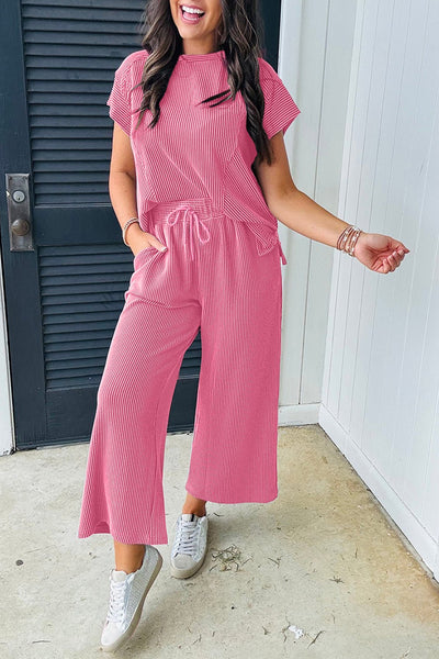 Women's Pink Corded Knit Short Sleeve Top and Wide Leg Pant Set with practical styling and dependable silhouette control.