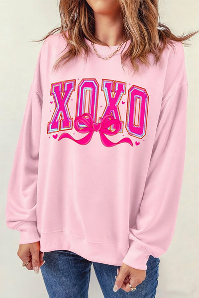 Women's Pink Cotton-Blend XOXO Bow Graphic Sweatshirt