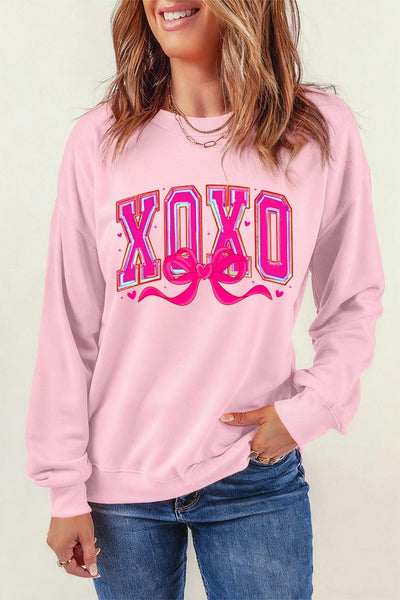 Women's Pink Cotton-Blend XOXO Bow Graphic Sweatshirt